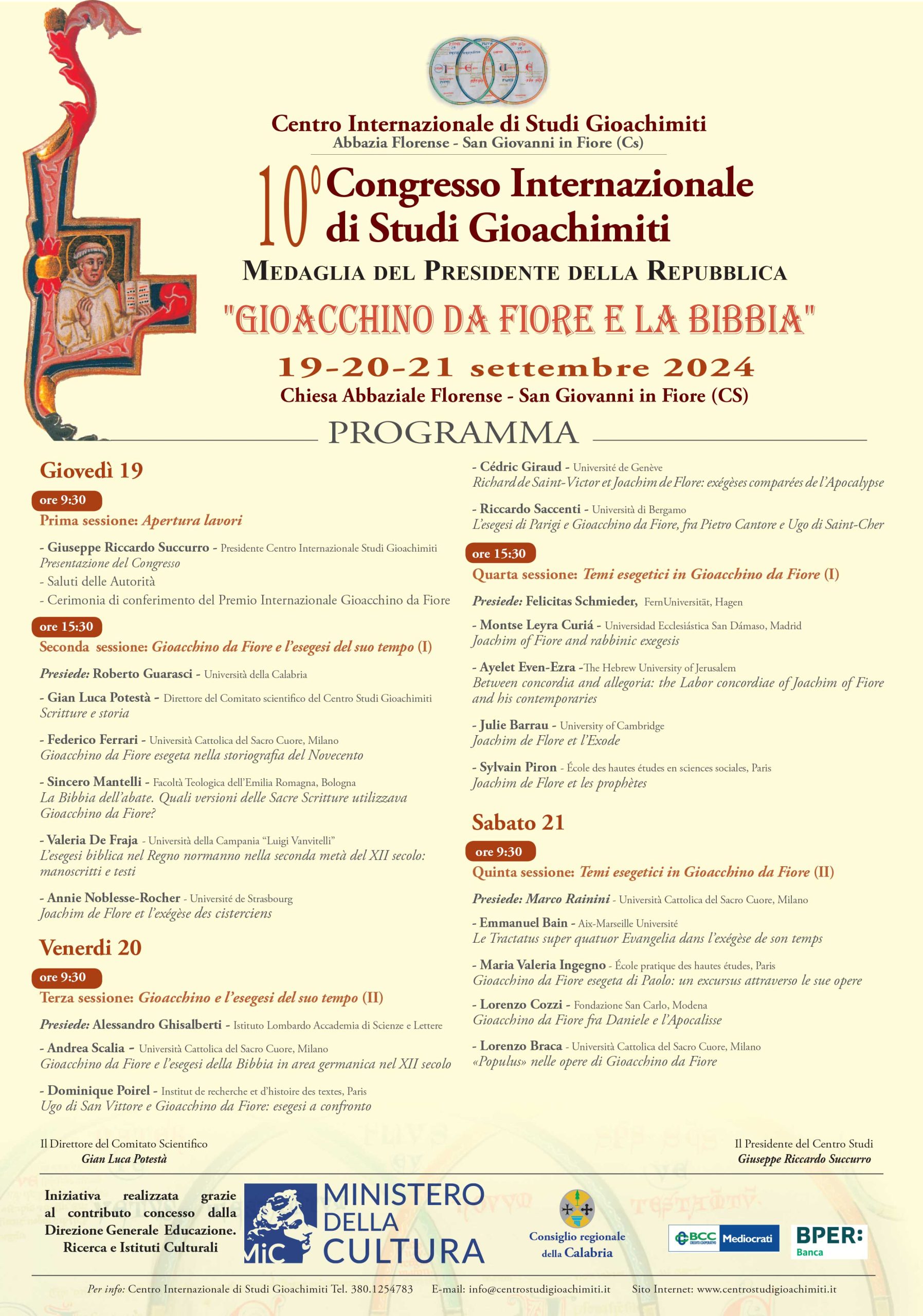 X Congresso Internazionale di Studi Gioachimiti - "Giocchino da Fiore e la Bibbia"